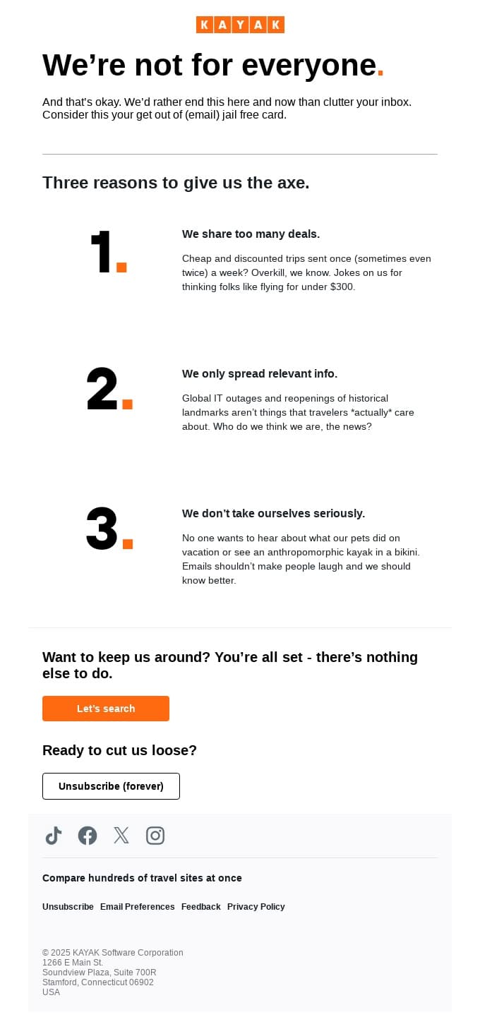 KAYAK email: We noticed you don’t read our emails. 🥺