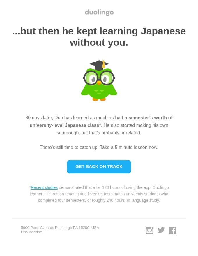 Duolingo email: …but then he kept learning Japanese without you.
